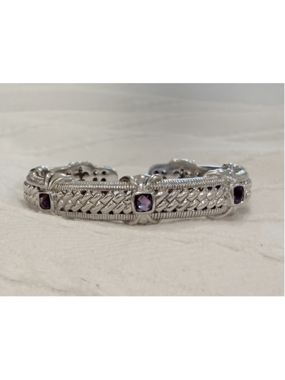 Judith Ripka Sterling Silver Amethyst Station Hinged Cuff Bracelet